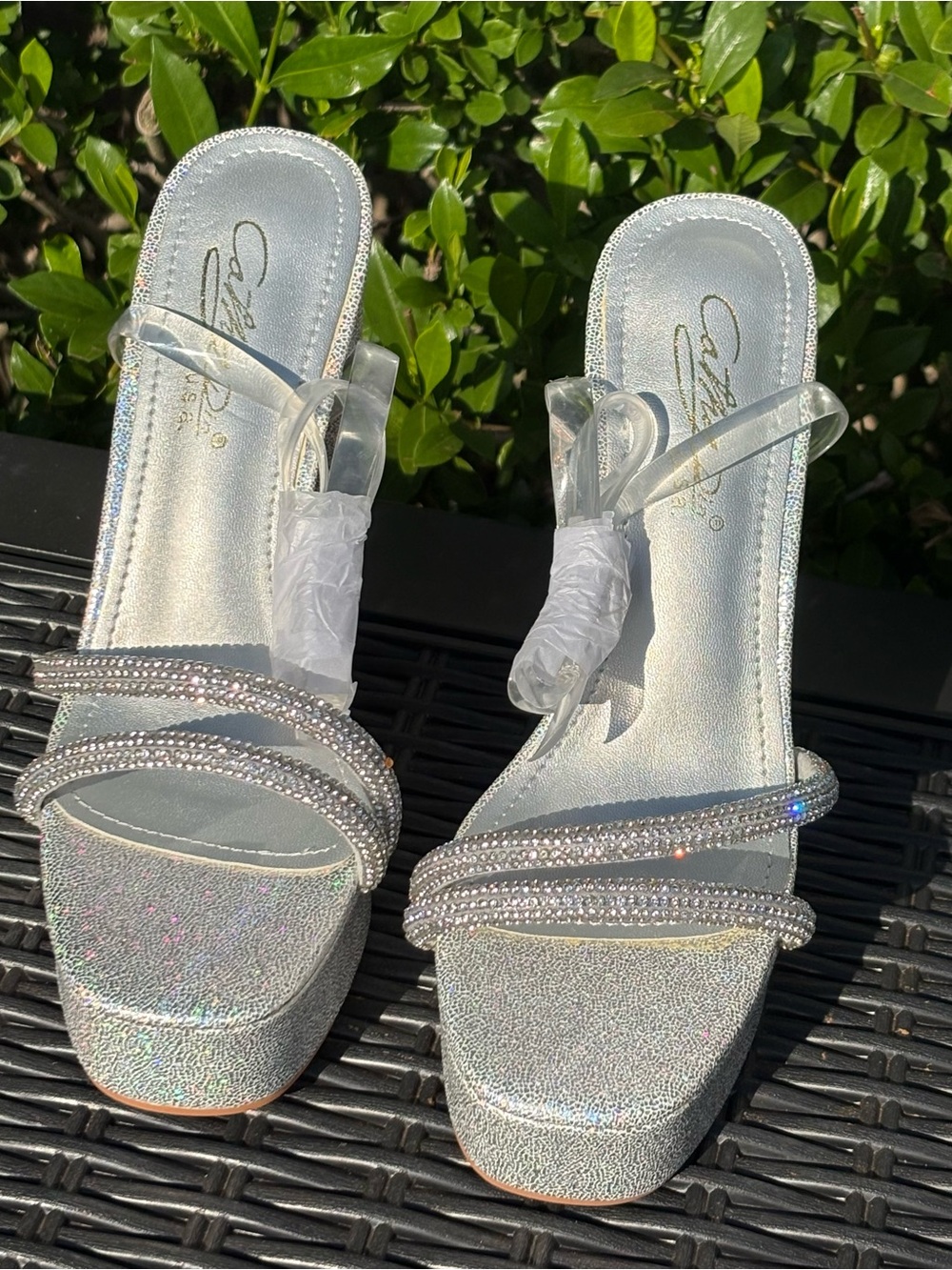 Crystal-Embellished Silver Platform Heeled Sandals for Women